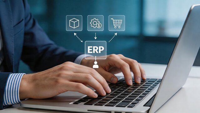 Enterprise resource planning ERP system concept, business process management icons, supply chain logistics integration, inventory control software