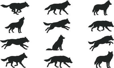 Obraz premium Collection of black wolf silhouettes in various poses