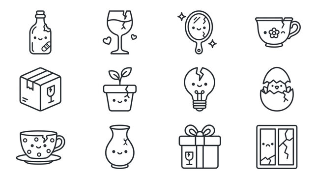 Cute Broken Objects Icons: Bottle, Glass, Mirror, Cup, Box, Plant, Lightbulb, Egg, Vase, Gift, Window