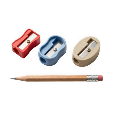 Pencil with red, blue and beige pencil sharpeners isolated on transparent background