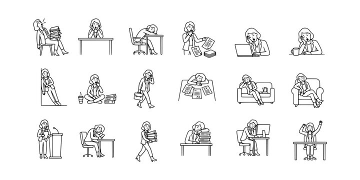 Icon set collection of exhausted office workers and business women working at desks, feeling burnout and professional fatigue.