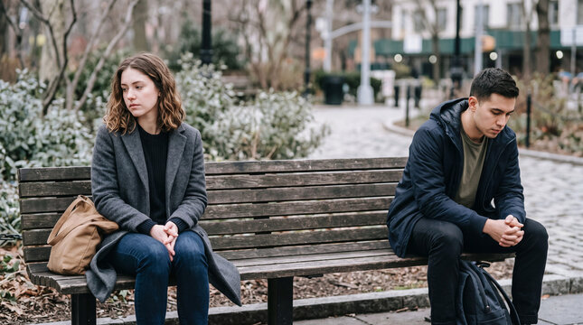 Two people sitting apart on a bench, avoiding eye contact, soft overcast light, blurred neutral background, emotional breakup atmosphere, minimal composition