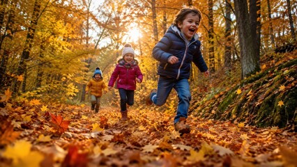 Naklejka premium Energetic Young Children Joyfully Running Through a Vibrant Autumn Forest with Golden Fallen Leaves on a Sunny Day, Perfect for Seasonal Family Mar...