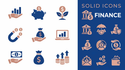 Fototapeta premium Flat Vector Finance Icons Set with Solid Graphic Elements in Sapphire and Rose Gold, Business and Money Pictograms for Banking and Investment Concepts