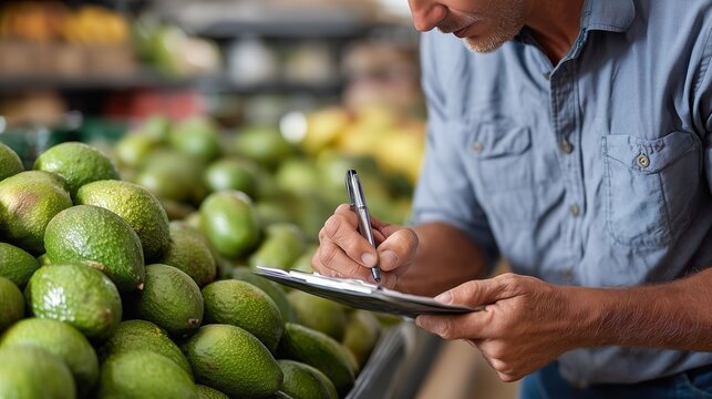 Camera widening produce clerk checking avocados writing stock fbdcebac digital illustration graphic image visual asset for presentation marketing medi