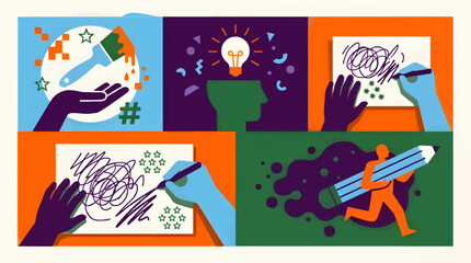 Fototapeta premium Flat Vector Illustration of Creative Process with Four Panels: Painting, Idea Generation, Drawing, Writing, and a Person Running with a Giant Pencil