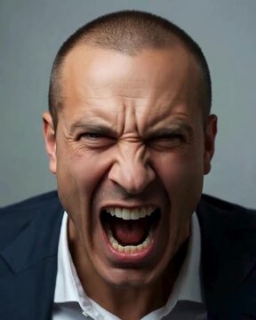 A man in a suit is shown yelling or expressing intense anger with a furrowed brow and open mouth against a neutral background.	video
