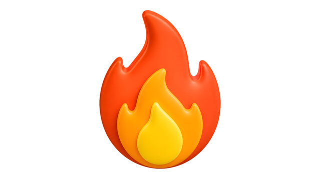 3D flame icon isolated on transparent background, vibrant orange and yellow fire symbol