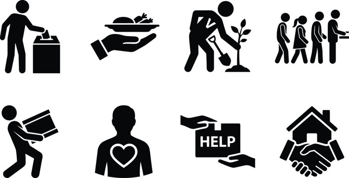 Community Volunteering and Charity Icon Set for Social Support Humanitarian Aid and Non Profit Organization