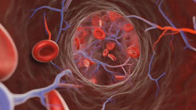 Red blood cells flowing through a capillary with surrounding veins and arteries in a detailed medical animation