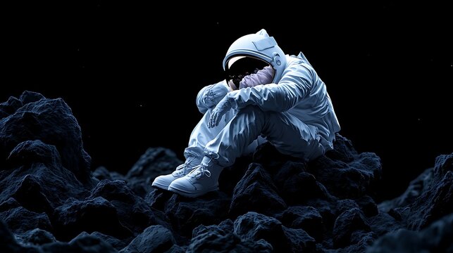 Astronaut sitting alone on a desolate lunar landscape in deep space contemplating existence