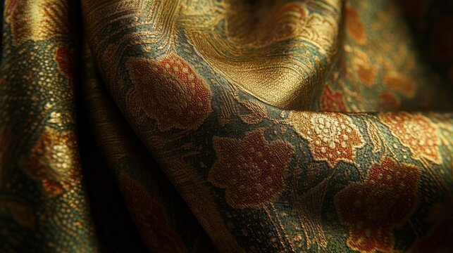Close-up of elegant brocade fabric with intricate floral design