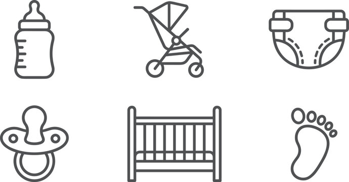 Minimalist baby care vector line icon set featuring feeding bottle stroller diaper pacifier crib and newborn footprint for nursery design projects
