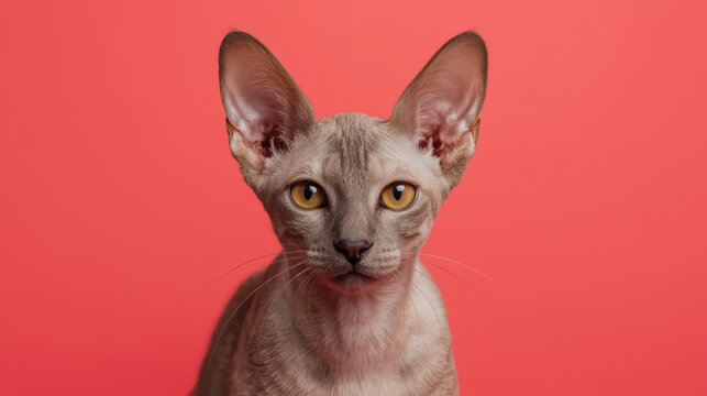 Devon rex cat with oversized ears and amber eyes on coral background