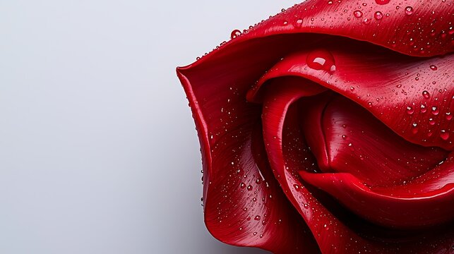 Close up macro shot of a deep red rose covered in glistening water droplets on a clean light