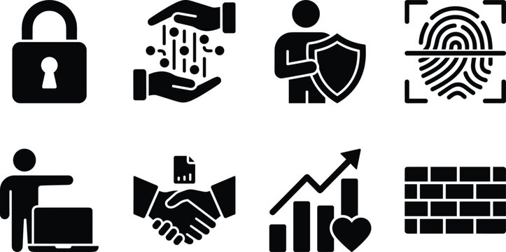 Cyber Security and Data Privacy Icon Set with Padlock Fingerprint Scanner and Network Firewall Symbols