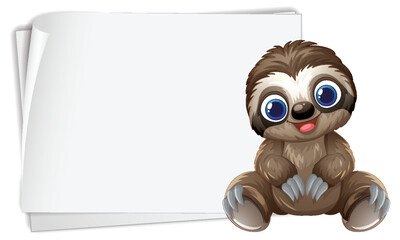 Fototapeta premium Cartoon Sloth Character Sitting Next to Blank White Paper Template