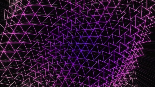 Glowing neon triangle lattice pattern with futuristic geometric wireframe depth effect, Abstract luminous triangular grid animation featuring colorful digital geometry on dark background 4k