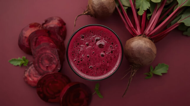 Fresh beetroot juice with sliced beet and greens, vibrant deep red beverage full of texture