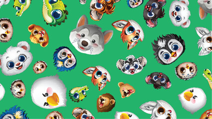Obraz premium Seamless Pattern of Cute Cartoon Wildlife Animal Faces on Green Background