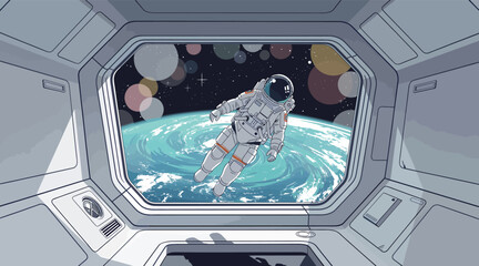 Astronaut Floating Outside Space Station Window View of Earth and Planets, Cosmic Exploration and Sci-Fi Concept Art © Nimker harva