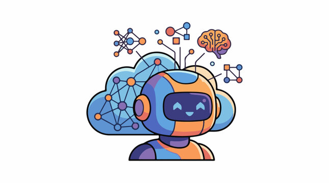 A colorful robot head with a cloud and brain network connections