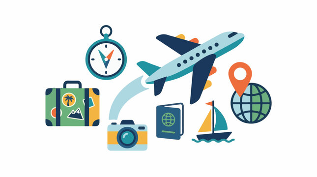 A colorful illustration of travel icons including a plane suitcase camera and globe