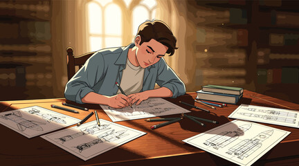 Young Man Concentrating on Drawing and Sketching Designs at Wooden Desk in Library with Bookshelves and Sunlight © Nimker harva