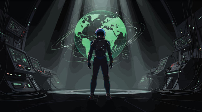 Futuristic astronaut in command center observing glowing digital Earth with global network connections and advanced technology displays