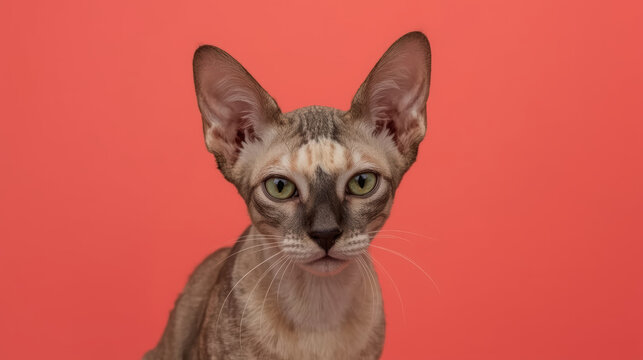 Devon Rex cat with oversized ears and green eyes on coral background, curious expression