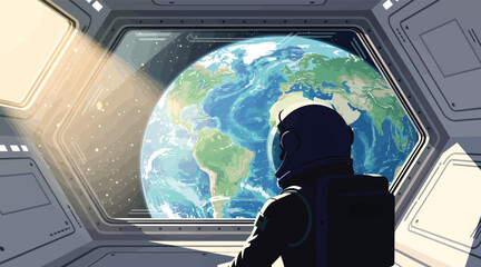 Astronaut in Spaceship Cockpit Gazing at Earth from Orbit, Representing Space Exploration and Future Technology © Nimker harva