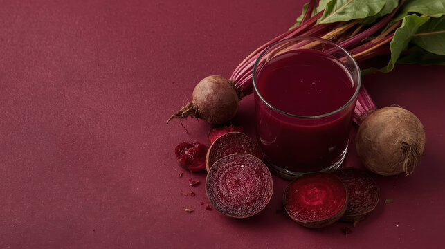 Fresh beetroot juice with sliced beets and whole roots on burgundy background