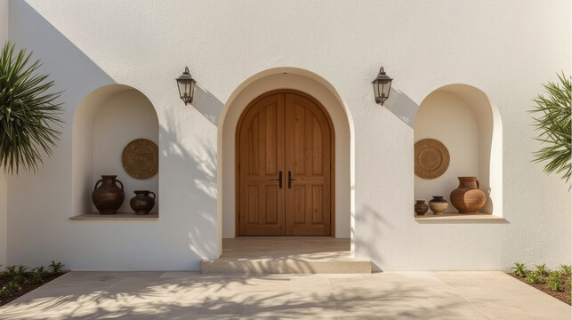 Mediterranean minimalist entryway with arched niches, warm wood door and terracotta pots