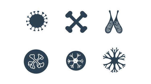 Six blue-toned vector illustrations, including a virus, crossed bones, cells, and other geometric shapes