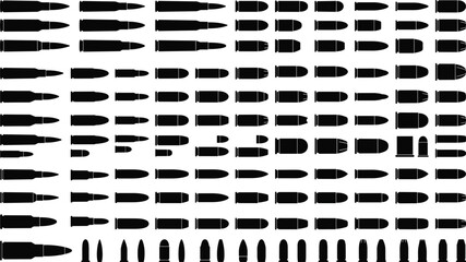 Comprehensive Firearms Ammunition, Bullet Profiles, and Ballistics Weapon Cartridge Silhouette Set Featuring Rifle Rounds, Pistol Bullets, Full Metal Jackets, and Hollow Points © MDMASUD