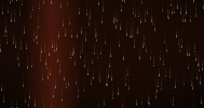 Binary code streams down in a dense, amber-lit matrix rain animation, creating a futuristic digital storm.