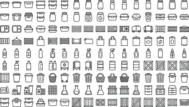 Comprehensive Storage, Packaging, and Container Line Icon Collection Featuring Plastic Boxes, Glass Jars, Shipping Crates, Industrial Barrels, Spray Bottles, and Waste Bins