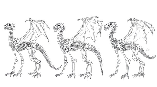 Line art illustration of three dragon skeletons with articulated wings and spiny tails