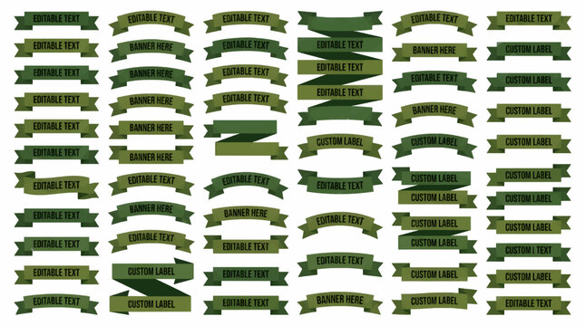Green Vector Ribbons and Banners in a Grid for Editable Text and Labels, Graphic Design Elements on White Background