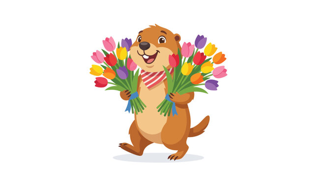 Smiling groundhog carrying vibrant tulip bouquets wearing a scarf