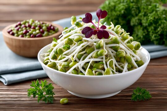 Mung bean sprouts in bowl with fresh healthy ingredients