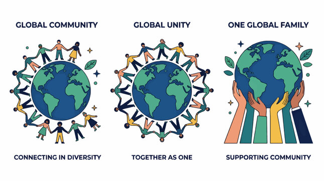 Flat vector illustration triptych showing diverse people holding hands around Earth globes, representing global community, unity, and family. Diverse hands holding up a globe.