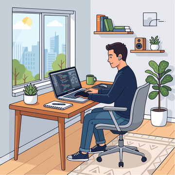 Software developer working on laptop in sunlit home office illustration with developer