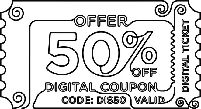 Black and white line art digital coupon ticket design with 50 percent discount offer.