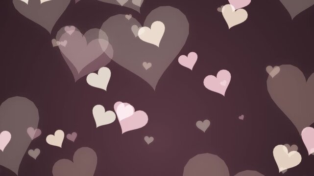 Romantic Valentine background animation featuring soft pastel pink and beige bokeh hearts floating gently across a warm dark backdrop, perfect elegant love loop template for wedding videos