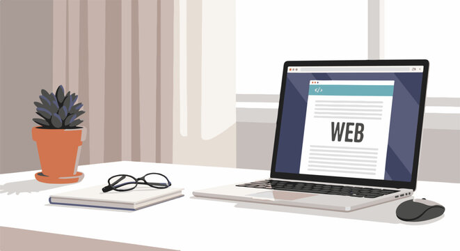 A desk setup with a laptop displaying 'WEB' and a potted plant