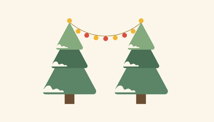 Fototapeta premium Minimalist winter illustration of two decorated green pine trees connected by a colorful string of christmas light garland.