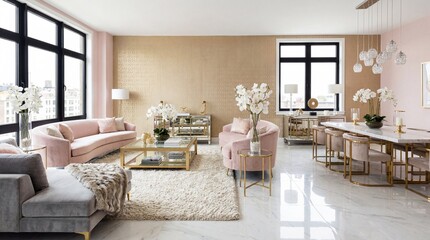 Fototapeta premium Modern luxury living room interior with pink velvet sofas and gold decor