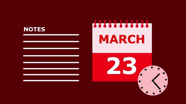 March 23rd calendar page notes template red background date.