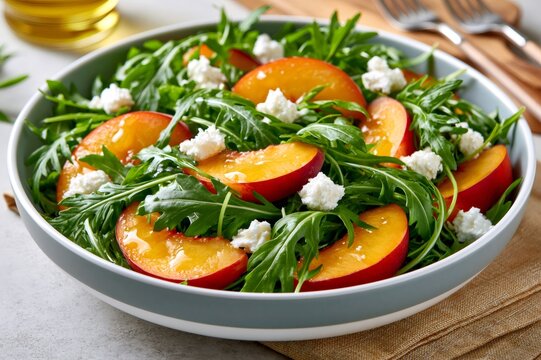 Arugula peach salad with goat cheese and dressing